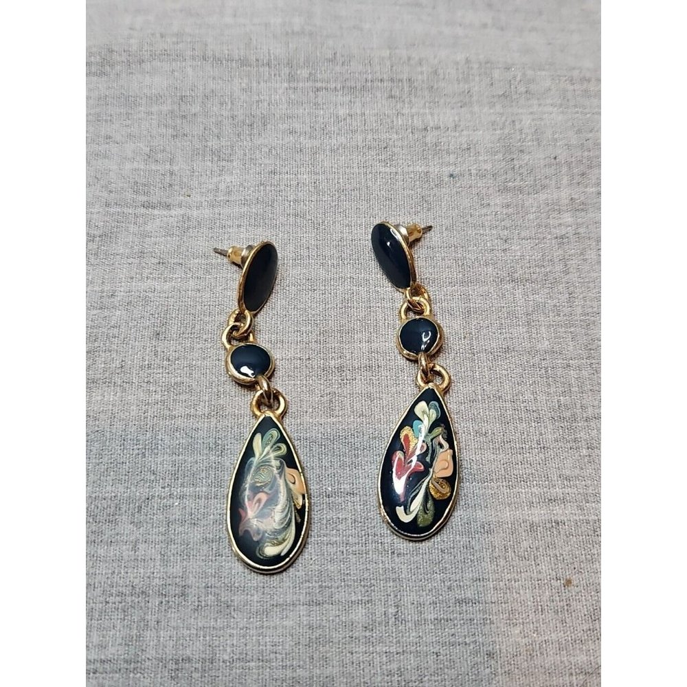 Vintage Blue Floral Swirl Teardrop Dangle Drop Earrings, 2.25'' Diameter